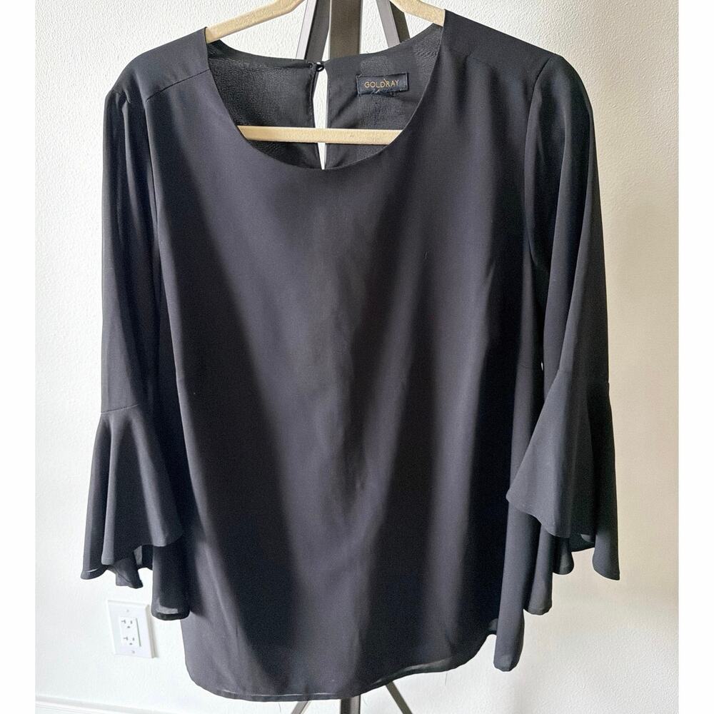 Curvy Plus 1X Black Blouse Goldray Bell Sleeves